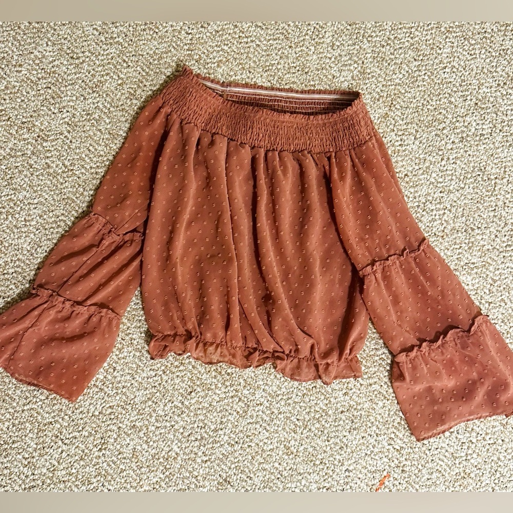 Off the shoulder darker orange/pink shirt